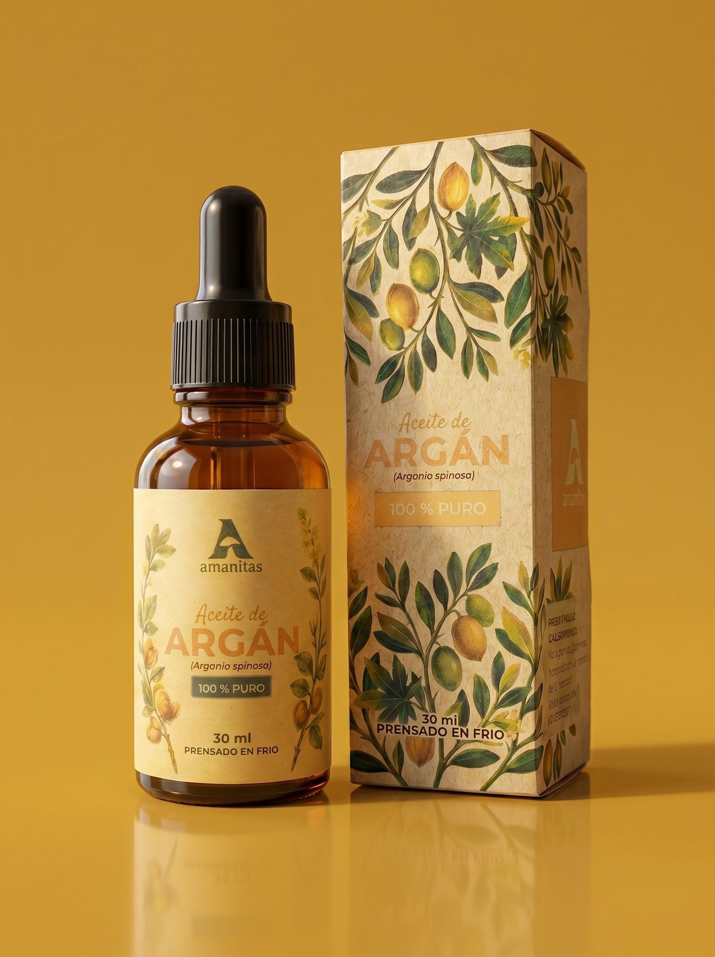 Aceite de Argán Amanitas 100% puro en frasco gotero de 30 ml junto a su empaque con diseño botánico. Producto cosmético natural de alta calidad, obtenido mediante prensado en frío para nutrición intensiva de piel y cabello.