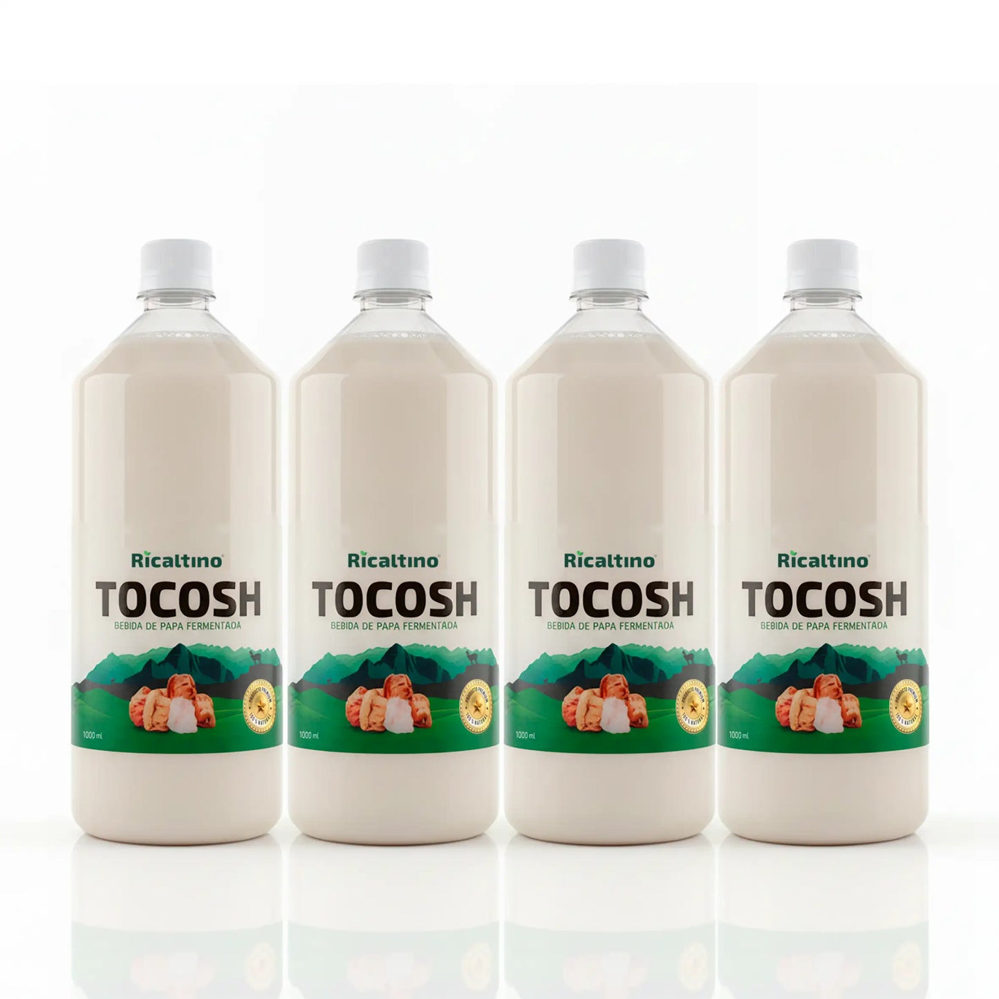 Pack de 4 botellas de Tocosh Ricaltino (1 Litro c/u) para tratamiento mensual de la gastritis. Bebida de papa fermentada natural para regenerar la mucosa del estómago y fortalecer la digestión. La dosis completa de salud en Amanitas.pe