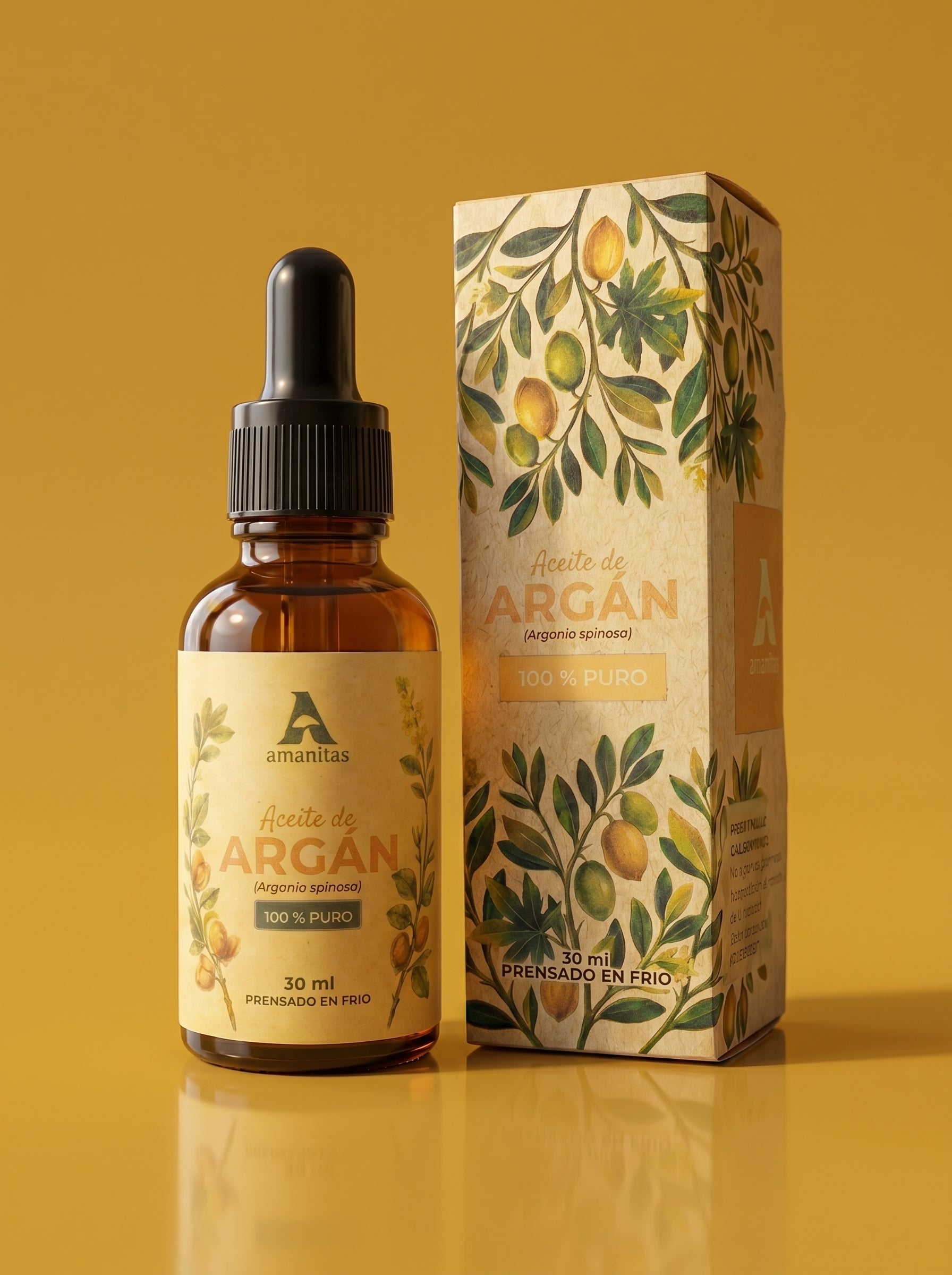 Aceite de Argán Amanitas 100% puro en frasco gotero de 30 ml junto a su empaque con diseño botánico. Producto cosmético natural de alta calidad, obtenido mediante prensado en frío para nutrición intensiva de piel y cabello.