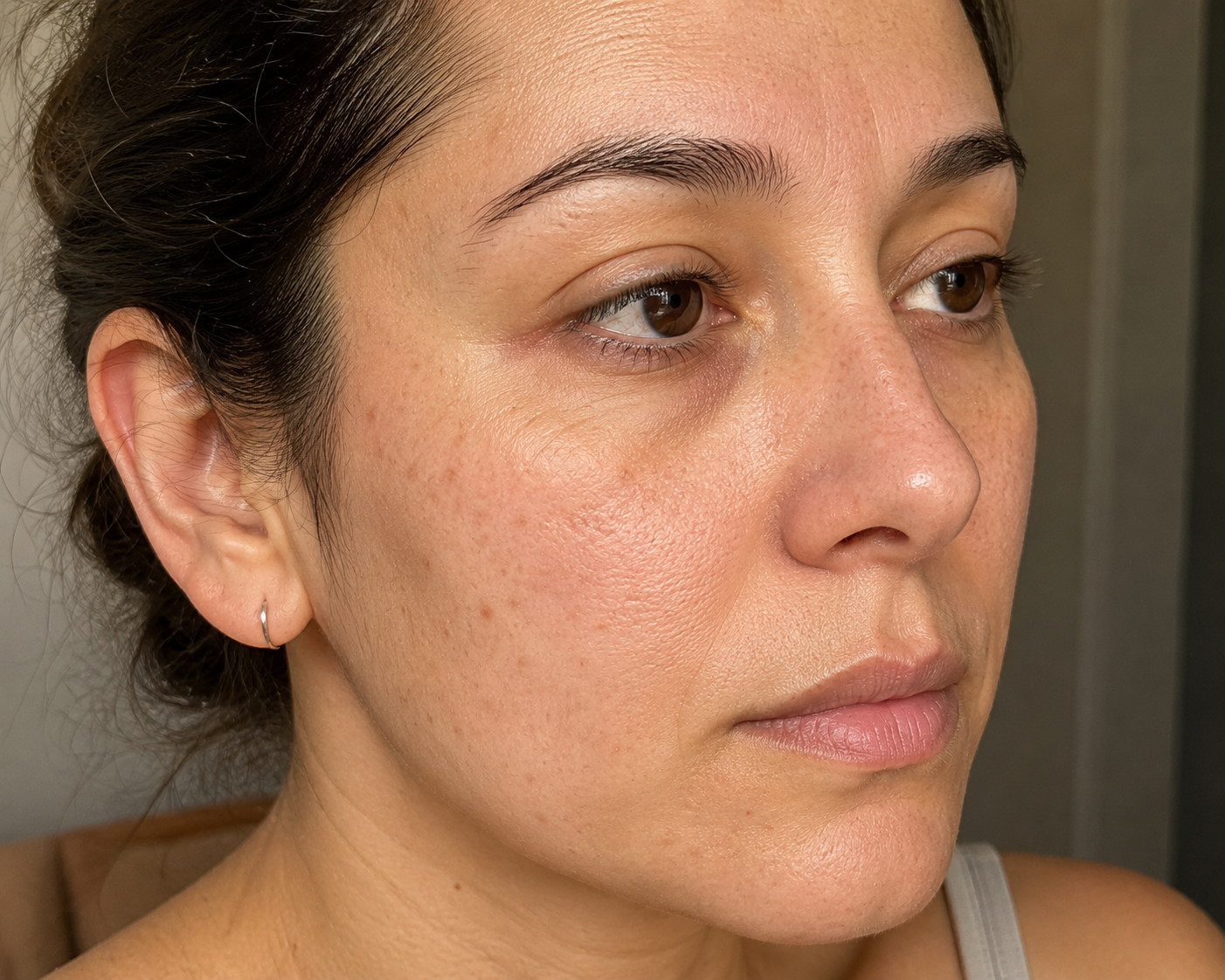 Imagen de 'antes' del tratamiento facial con aceites botánicos naturales de Amanitas.pe. Fotografía de piel real antes de comenzar la rutina de cuidado facial orgánico, resaltando la textura natural para mostrar la eficacia de los resultados.
