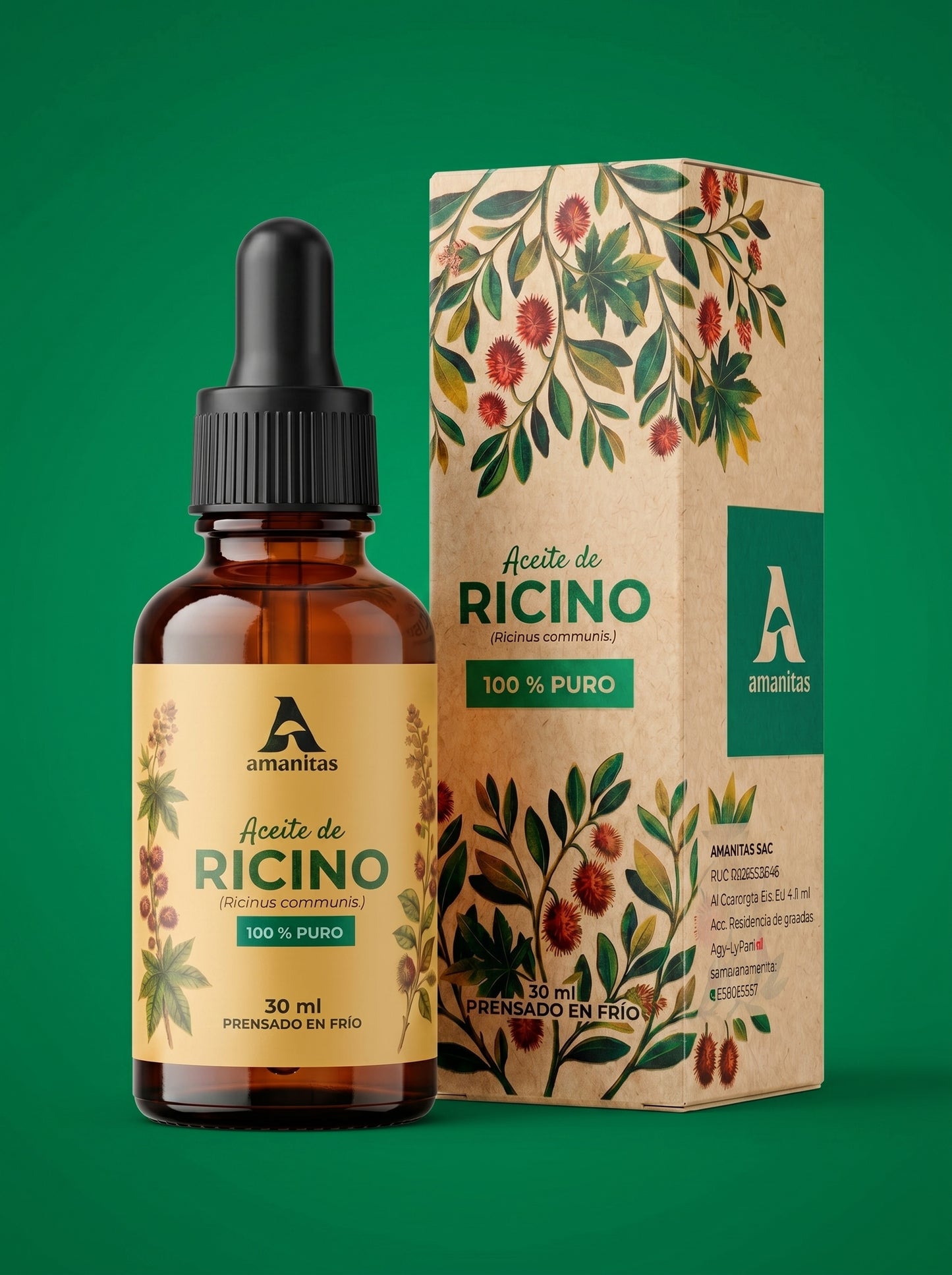 Aceite de Ricino Amanitas 100% puro en frasco gotero de 30 ml junto a su empaque con diseño botánico. Producto cosmético natural premium, obtenido mediante prensado en frío, ideal para el fortalecimiento capilar y cuidado natural.