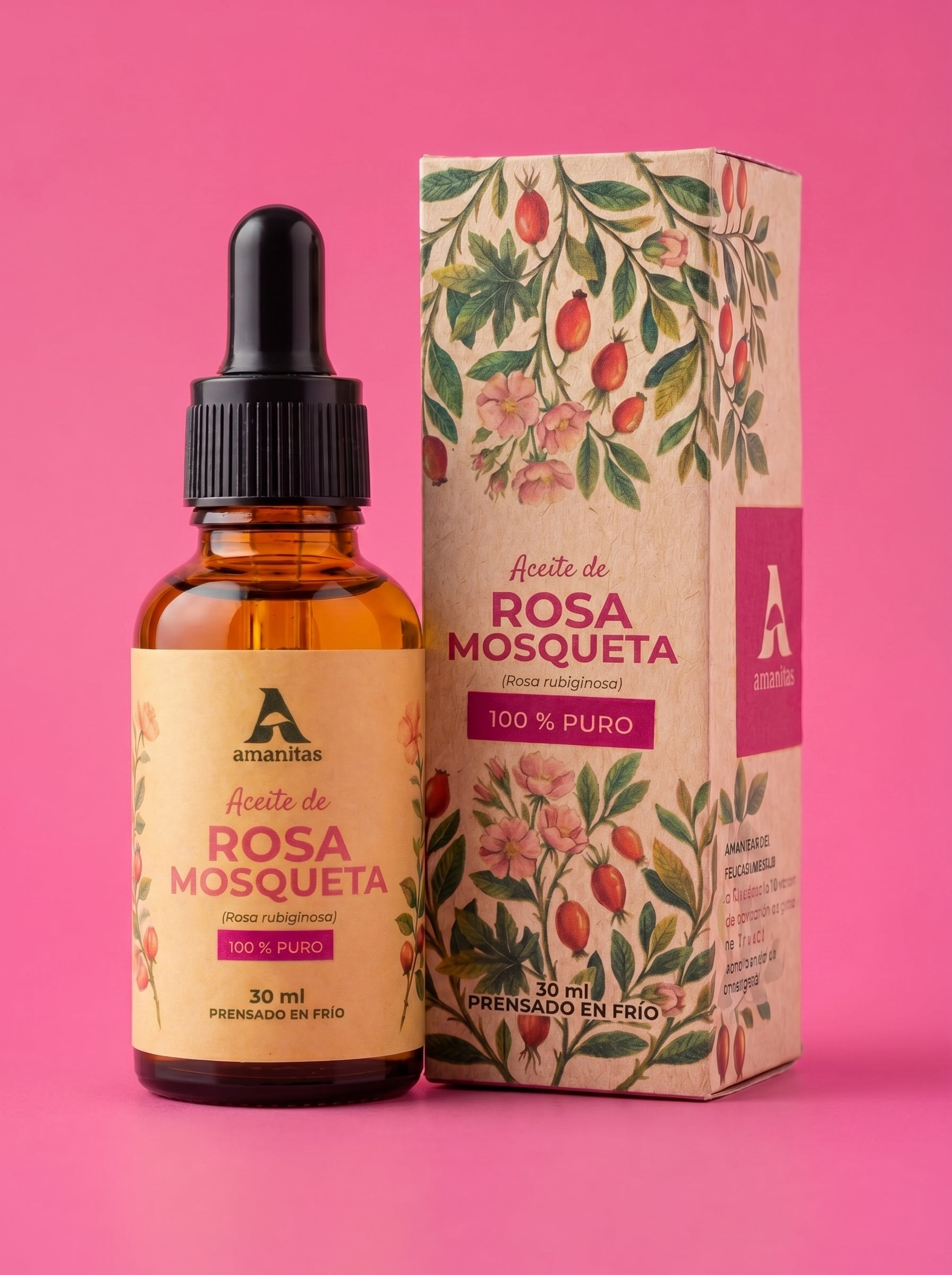 Aceite de Rosa Mosqueta Amanitas 100% puro en frasco gotero de 30 ml junto a su empaque con diseño botánico. Producto cosmético natural premium, obtenido mediante prensado en frío, ideal para regeneración de la piel y cuidado facial
