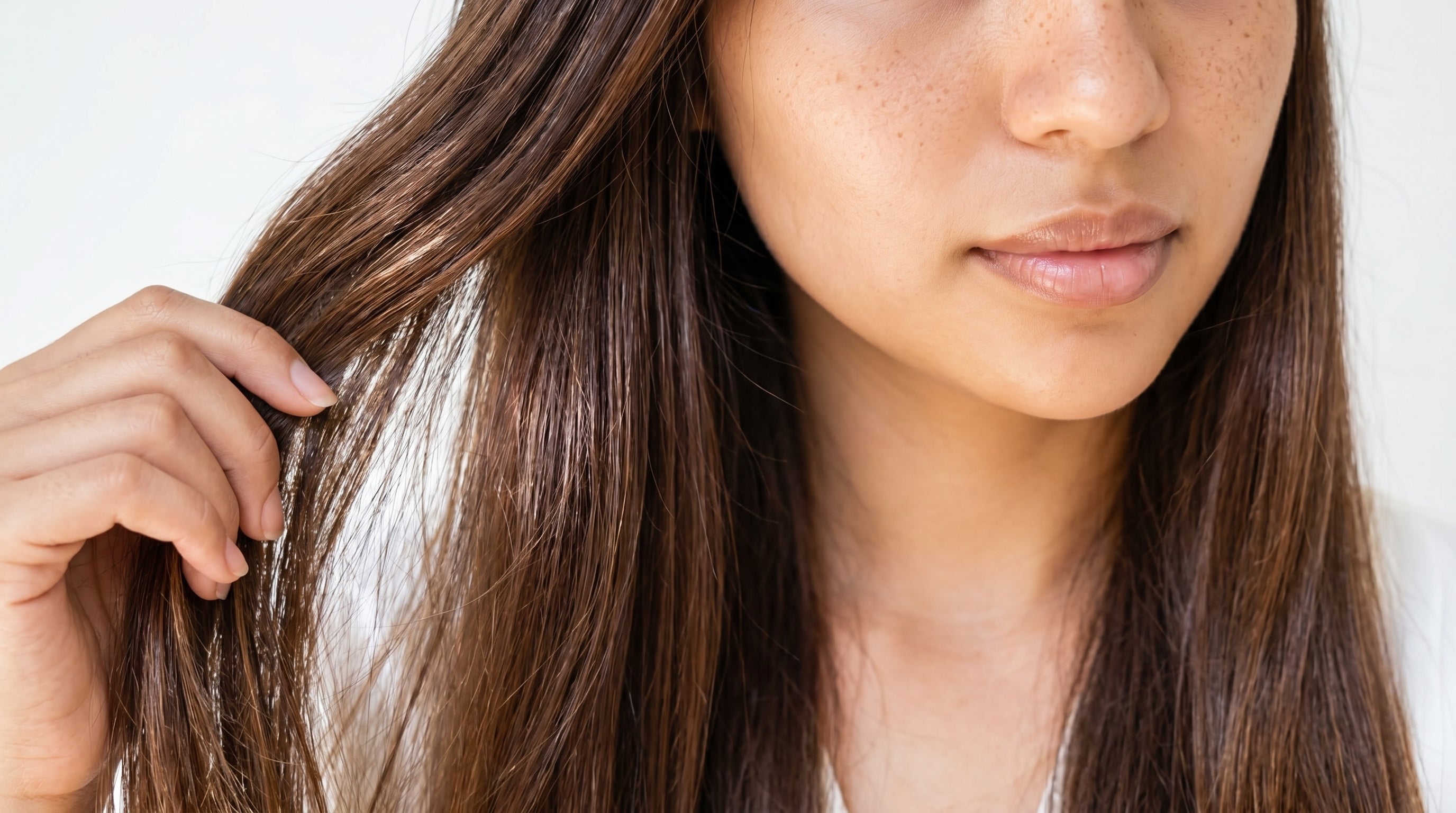 Imagen de 'después' del tratamiento capilar con Amanitas: primer plano que muestra un cabello sedoso, brillante y profundamente hidratado tras el uso del Aceite de Argán puro. Resultado visible de nutrición intensiva y cuidado natural.
