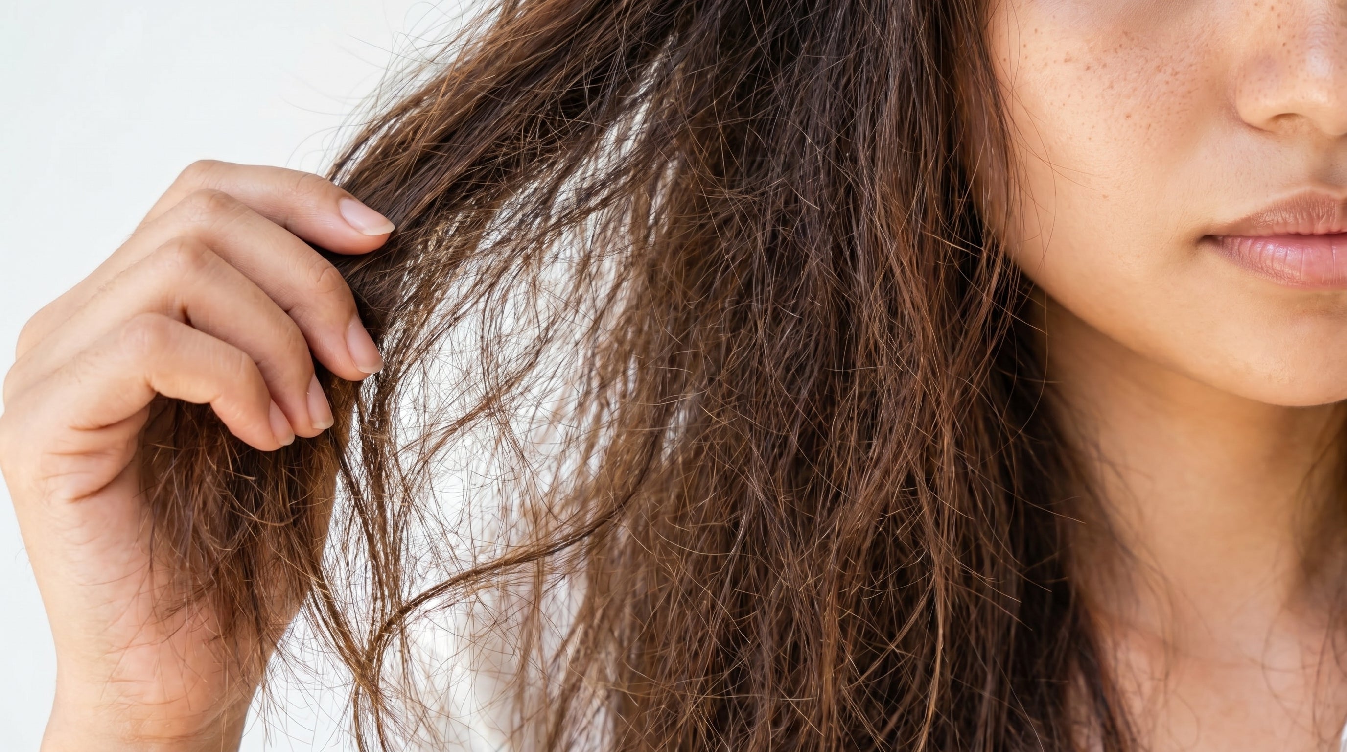Imagen de 'antes' del tratamiento capilar con Amanitas: primer plano de cabello seco, con frizz y falta de hidratación, representando el estado inicial antes de usar el Aceite de Argán puro para restaurar la suavidad y el brillo natural.