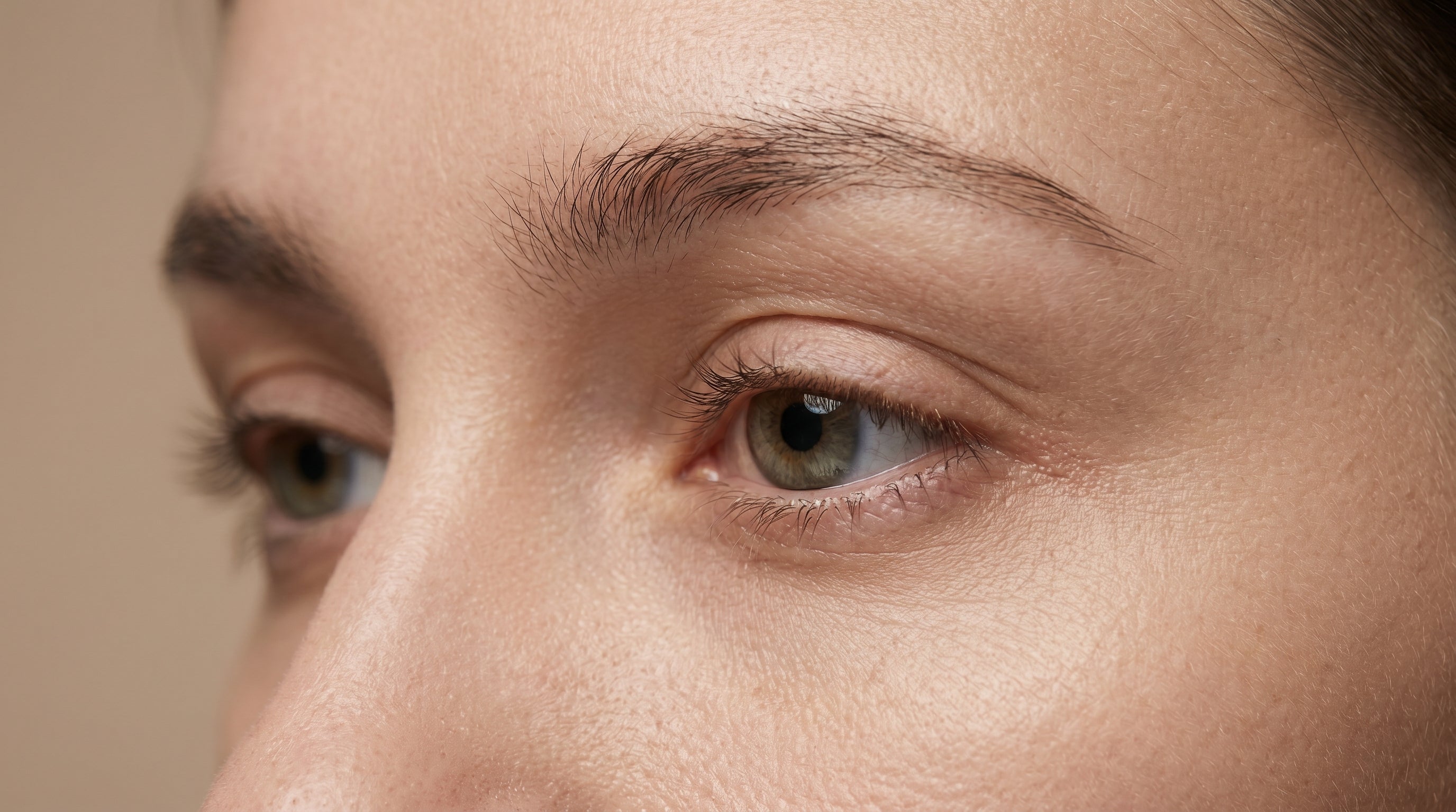 Primer plano de la zona de los ojos y cejas de una modelo antes de comenzar el tratamiento con Aceite de Ricino de Amanitas. Imagen que sirve como referencia para mostrar el estado natural y densidad inicial de las cejas antes de aplicar el fortalecedor botánico.