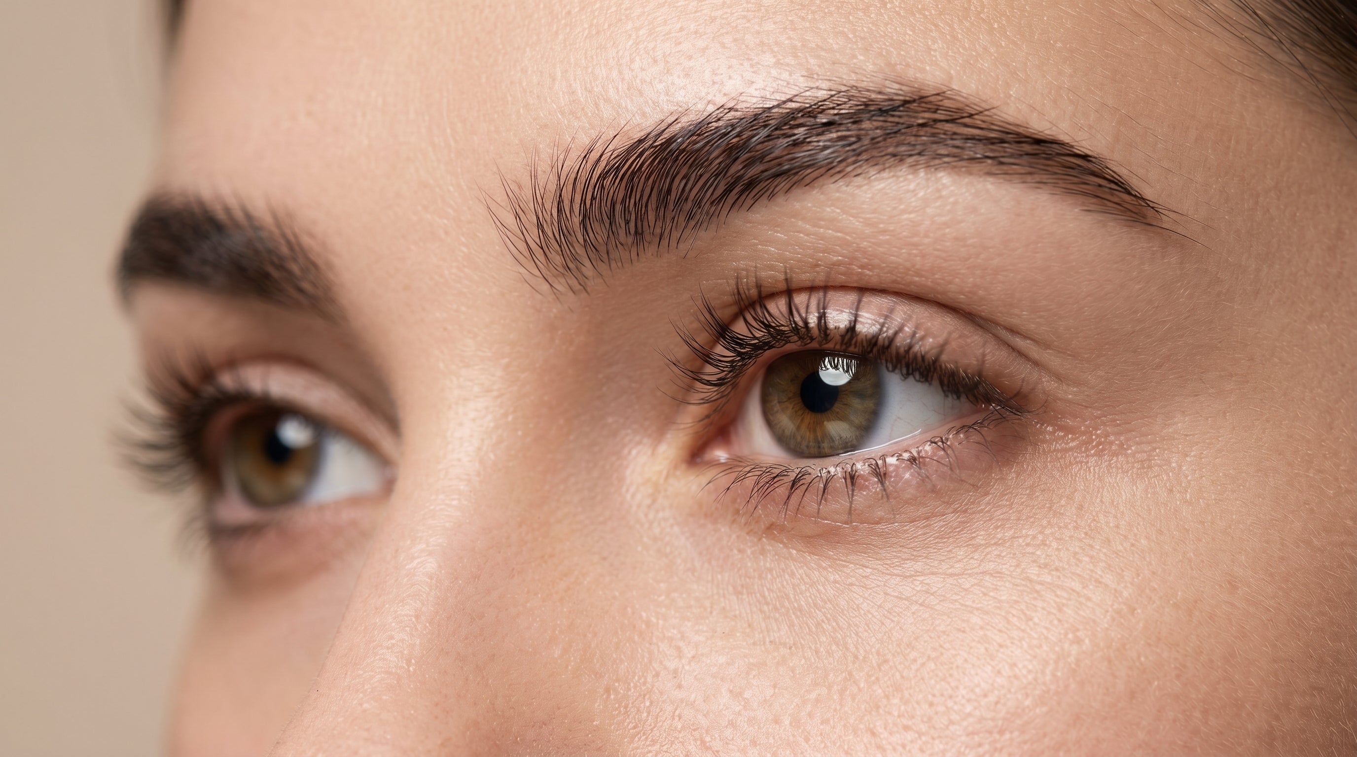 Primer plano de los ojos y cejas de una modelo después de usar el Aceite de Ricino de Amanitas. Imagen que muestra cejas más densas, definidas y saludables, junto a pestañas con mayor vitalidad, demostrando los resultados visibles y la eficacia fortalecedora del tratamiento botánico natural.