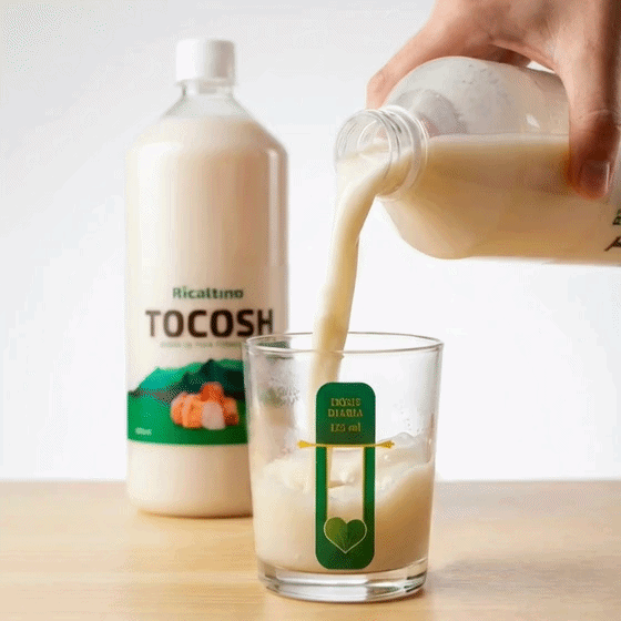 Sirviendo la dosis diaria recomendada de 125ml de Tocosh Ricaltino en un vaso medidor. Bebida de papa fermentada, potente regenerador gástrico y probiótico natural para sanar la gastritis. Encuéntralo en Amanitas.pe