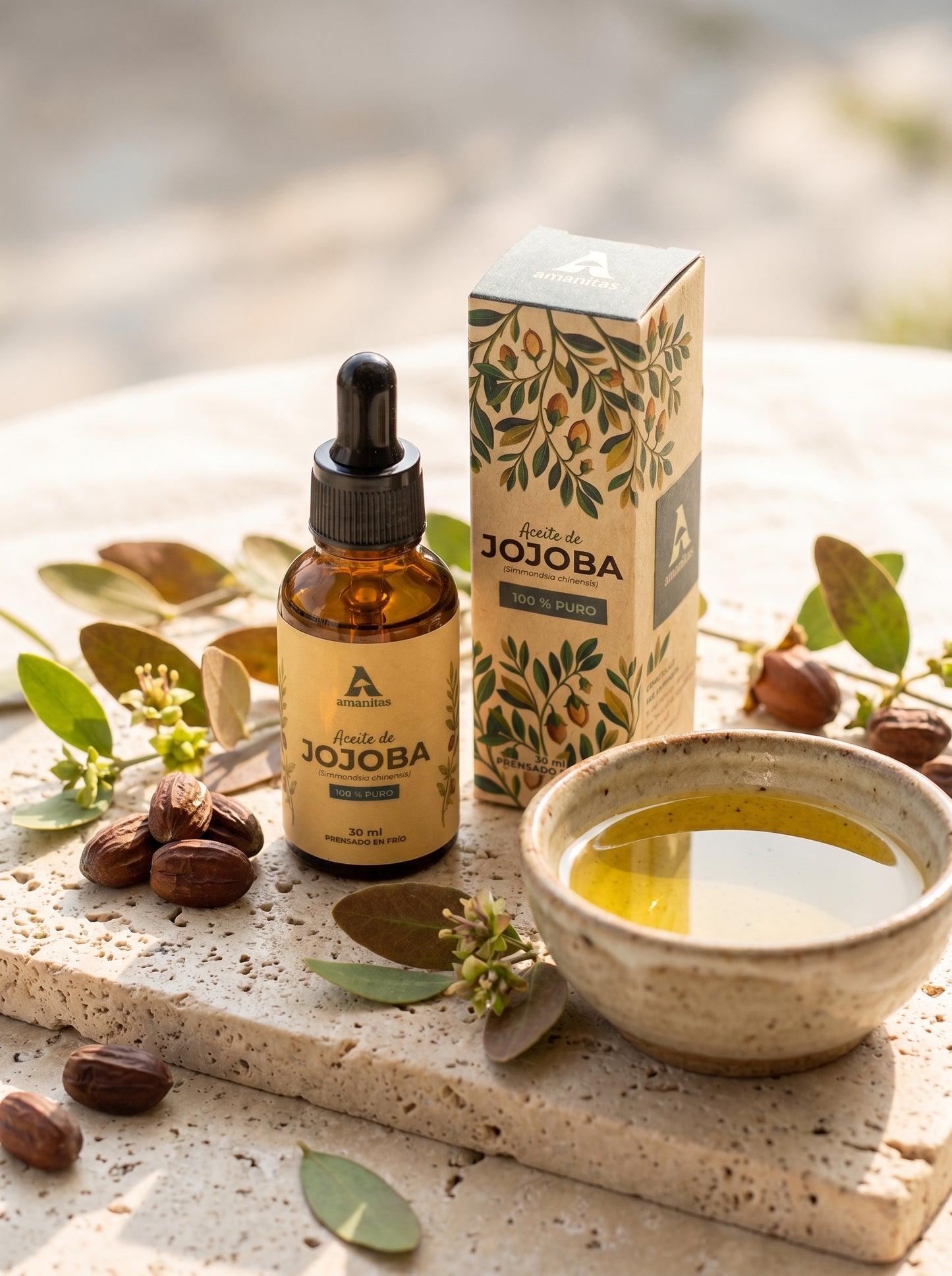 Presentación de Aceite de Jojoba 100% puro Amanitas en frasco gotero de 30 ml y caja, exhibidos sobre una base de piedra junto a un cuenco con aceite puro y semillas naturales. El diseño incluye ilustraciones botánicas de la planta de jojoba, destacando su calidad, origen natural y proceso de prensado en frío.