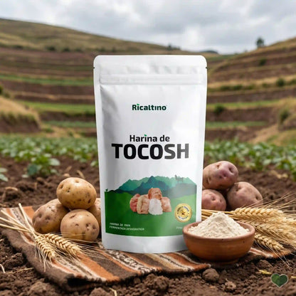 Harina de Tocosh Ricaltino 100% natural sobre manto andino, extraída de papas fermentadas en los Andes. Potente probiótico y antibiótico natural para sanar úlceras y gastritis crónica. Encuéntralo en Amanitas.pe.