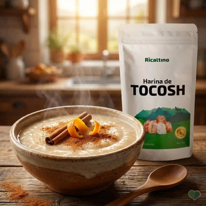 Preparación de mazamorra con Harina de Tocosh Ricaltino, canela y naranja. La forma más rica y natural de consumir probióticos para aliviar el ardor estomacal y la gastritis crónica. Compra calidad en Amanitas.pe.
