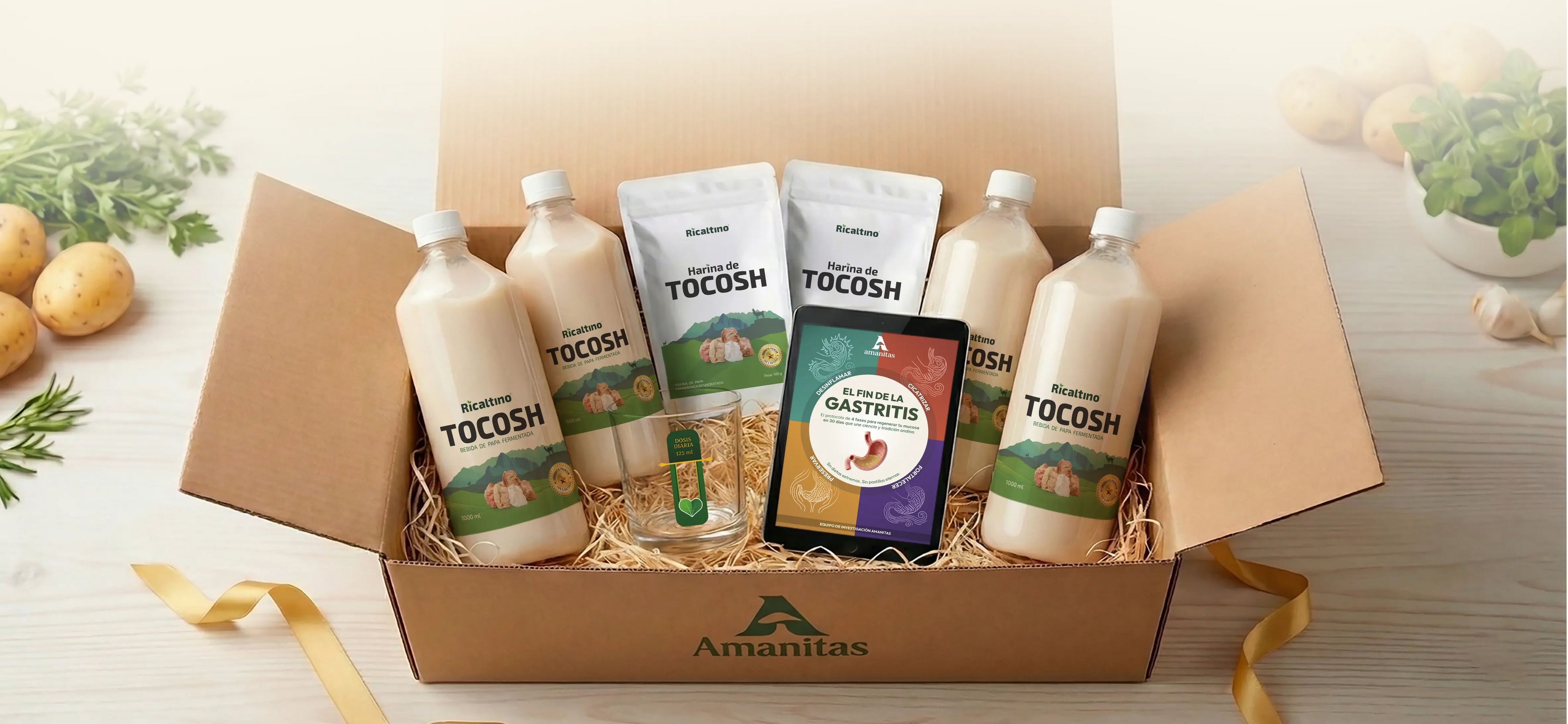 Pack "Sanación Total" de Amanitas para el tratamiento natural de la gastritis. Incluye 4 botellas de Tocosh Ricaltino, 2 bolsas de Harina de Tocosh y el libro "El Fin de la Gastritis". La solución completa para regenerar la mucosa gástrica y fortalecer el sistema digestivo.