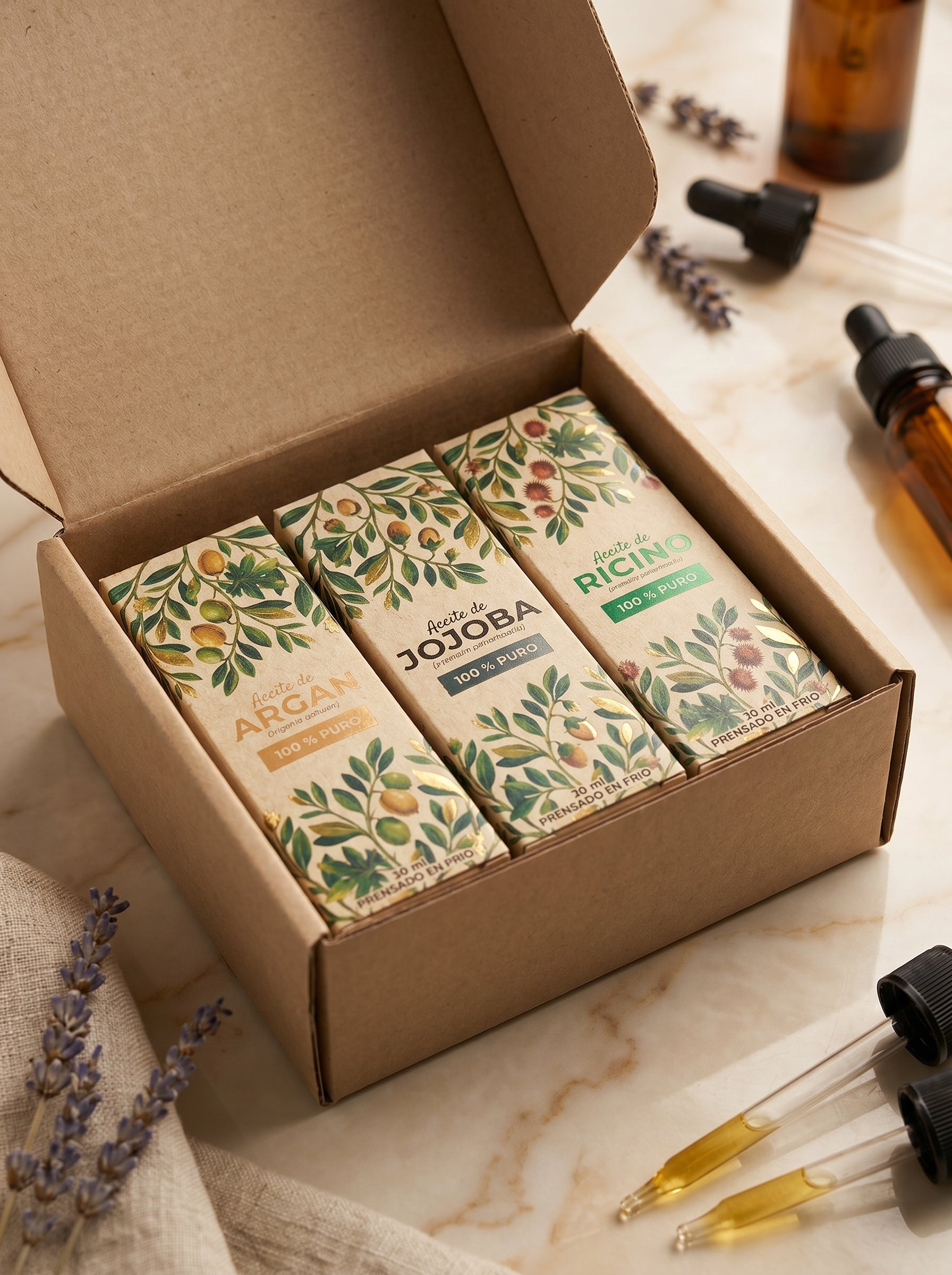 Caja de regalo ecológica con un set de tres aceites naturales de Amanitas: Argán, Jojoba y Ricino, presentados en empaques de cartón con diseño botánico sobre una mesa de mármol, ideal como kit de cuidado facial y capilar natural prensado en frío.