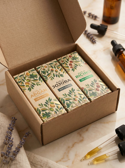 Caja de regalo ecológica con un set de tres aceites naturales de Amanitas: Argán, Jojoba y Ricino, presentados en empaques de cartón con diseño botánico sobre una mesa de mármol, ideal como kit de cuidado facial y capilar natural prensado en frío.