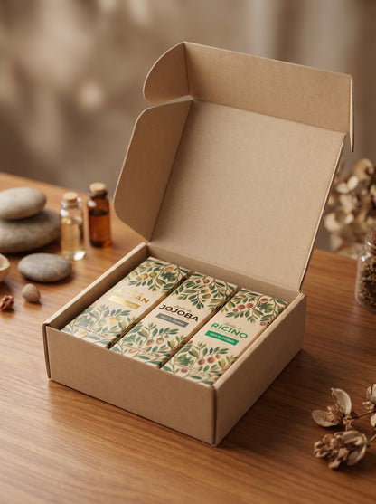 Caja de regalo ecológica con un set de tres aceites naturales de Amanitas: Argán, Jojoba y Ricino, presentados en empaques de cartón con diseño botánico sobre una mesa de madera, ideal como kit de cuidado facial y capilar natural.