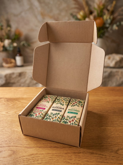 Caja de regalo ecológica con un set de tres aceites naturales de Amanitas: Rosa Mosqueta, Jojoba y Ricino, presentados en empaques de cartón con diseño botánico sobre una mesa de madera, ideal como kit de cuidado facial natural