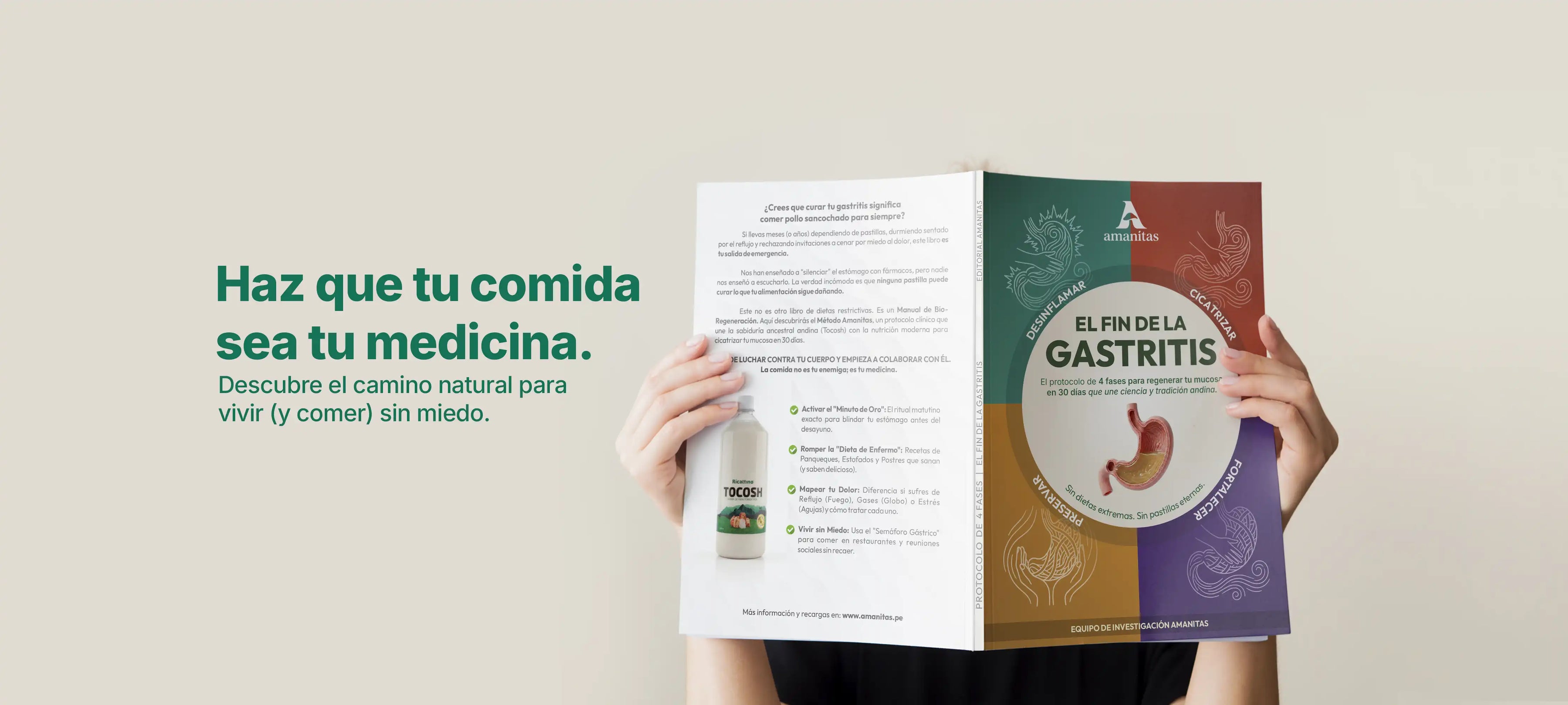 Libro "El Fin de la Gastritis" de Amanitas.pe. Una guía completa con el protocolo de 4 fases para desinflamar, cicatrizar, fortalecer y preservar la mucosa gástrica de forma natural. Aprende a convertir tu comida en tu medicina y vive sin miedo al dolor estomacal