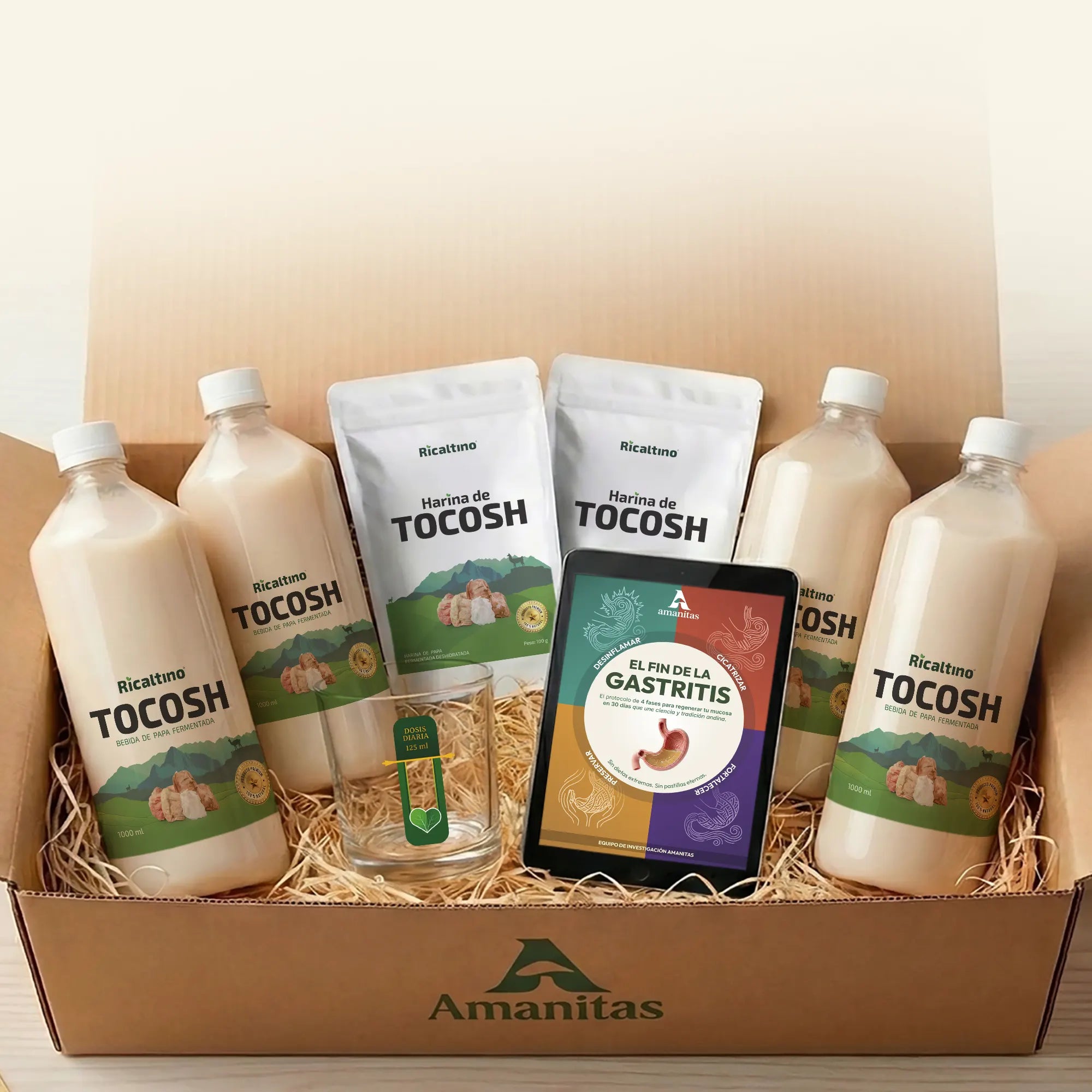 Pack "Sanación Total" de Amanitas para el tratamiento natural de la gastritis. Incluye 4 botellas de Tocosh Ricaltino, 2 bolsas de Harina de Tocosh y el libro "El Fin de la Gastritis". La solución completa para regenerar la mucosa gástrica y fortalecer el sistema digestivo.