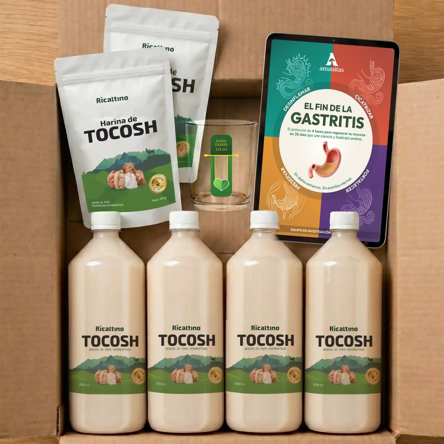 Kit "Sanación Total" de Amanitas para el tratamiento integral de la gastritis. Incluye 4 botellas de Tocosh Ricaltino de 1L, 2 bolsas de Harina de Tocosh, vaso medidor de dosis diaria y el Ebook "El Fin de la Gastritis". La solución completa y natural para regenerar la mucosa gástrica