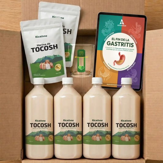 Kit "Sanación Total" de Amanitas para el tratamiento integral de la gastritis. Incluye 4 botellas de Tocosh Ricaltino de 1L, 2 bolsas de Harina de Tocosh, vaso medidor de dosis diaria y el Ebook "El Fin de la Gastritis". La solución completa y natural para regenerar la mucosa gástrica