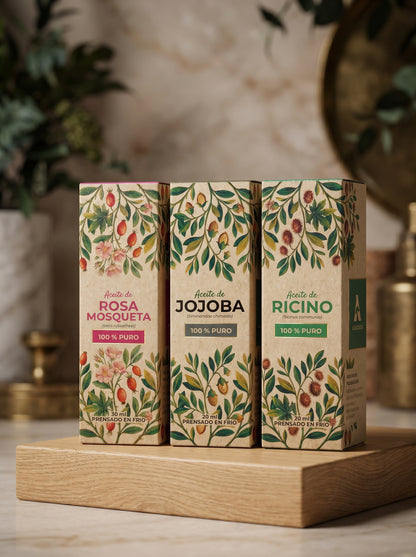 Set de tres aceites naturales puros de la marca Amanitas: Rosa Mosqueta, Jojoba y Ricino. Los empaques con detalladas ilustraciones botánicas se presentan sobre una base de madera, destacando su calidad artesanal y proceso de prensado en frío