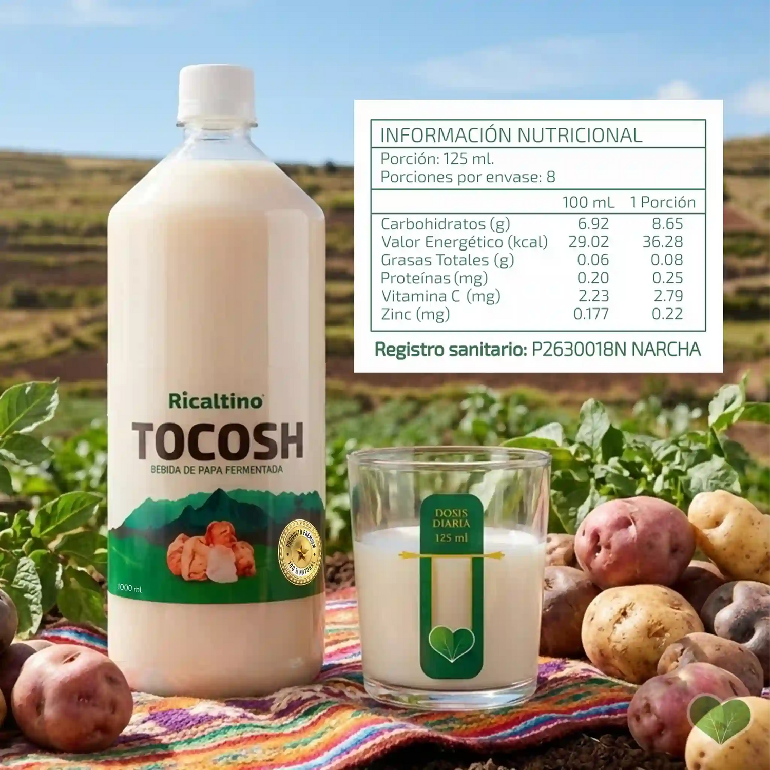 Tocosh Ricaltino de 1 litro, conocido como la penicilina natural del Ande. Potente probiótico para aliviar la gastritis, úlceras y reforzar el sistema inmunológico. Producto 100% natural disponible en Amanitas.pe.