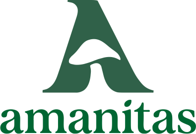 Logo oficial de Amanitas, especialistas en medicina natural y suplementos ancestrales en Perú. Letra A verde con silueta de hongo integrada sobre el nombre de la marca
