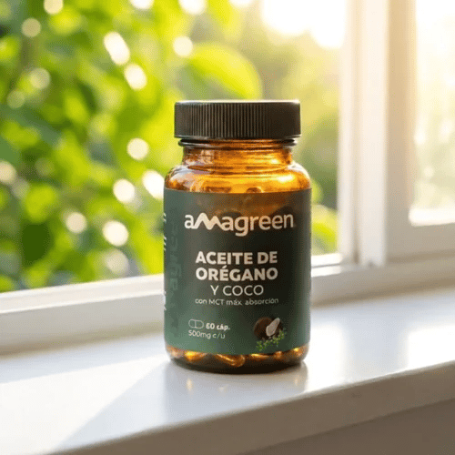 Cápsulas blandas de Aceite de Orégano y Coco Amagreen con MCT para absorción rápida. El mejor antibiótico y antifúngico natural para tratar el SIBO y eliminar la Cándida de forma efectiva. Disponible en Amanitas.pe